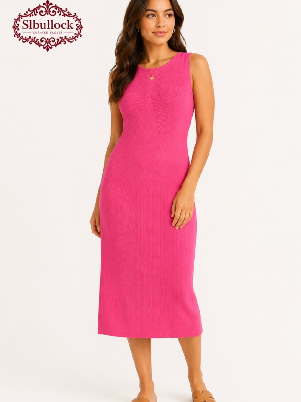 Hot Pink Stretch Knit Bodycon Midi Dress XL | Ribbed Sleeveless Curve Hugging